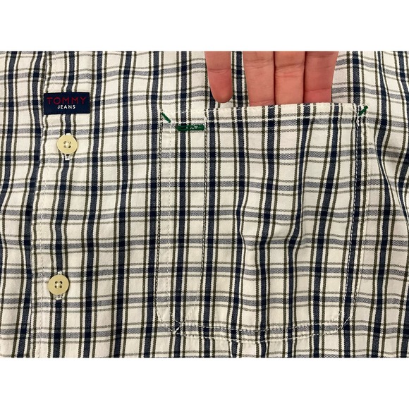Men’s Tommy Jeans Size Large Button Up Blue White Denim Style Plaid Button Up - Picture 5 of 12